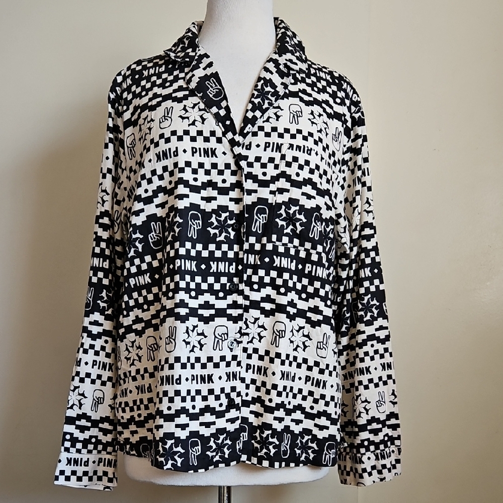 Pink Victoria's Secret Black and White Long Sleeves Pijamas Shirt Size Medium - Picture 2 of 13